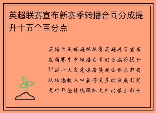 英超联赛宣布新赛季转播合同分成提升十五个百分点